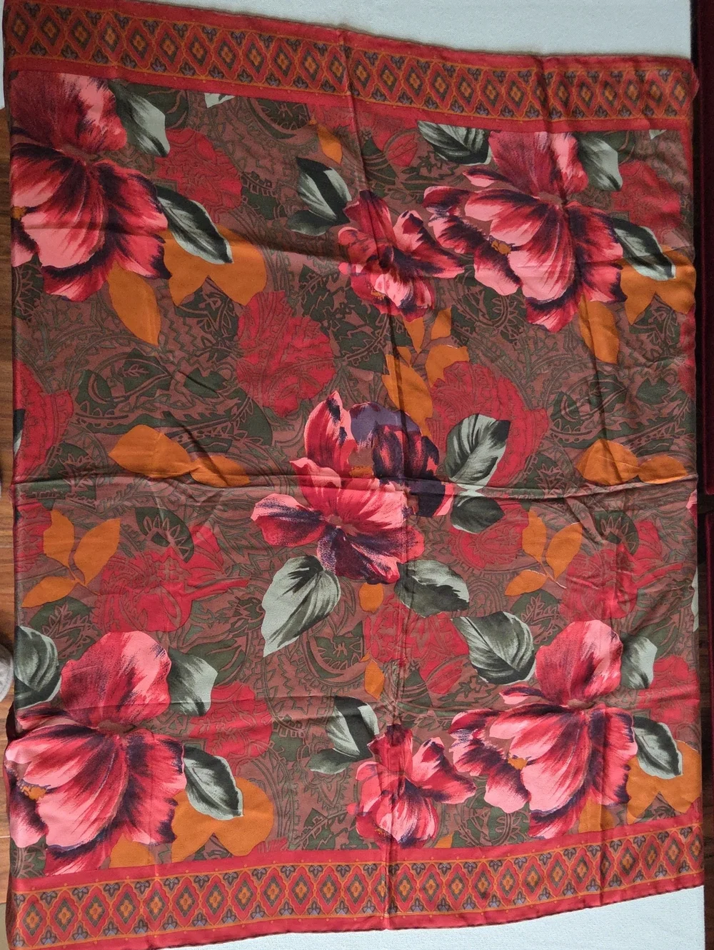 bill blass Red, Orange, Green Floral Silk Scarf